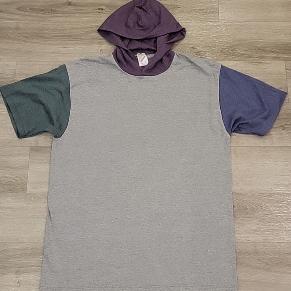 Jerzees Vintage Color Block Short Sleeve Hooded Shirt Size L